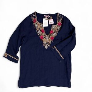 NWT Calypso St. Barth 100% Linen Embroidered Beaded Resort Tunic Size Medium